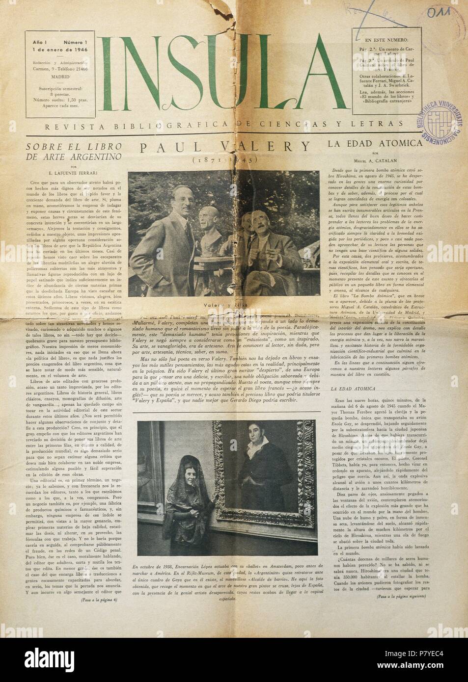 Spanish Press. 20th century. Insula. First year. Number 1. January 1, 1946. Bibliographic magazine of science and letters. Stock Photo