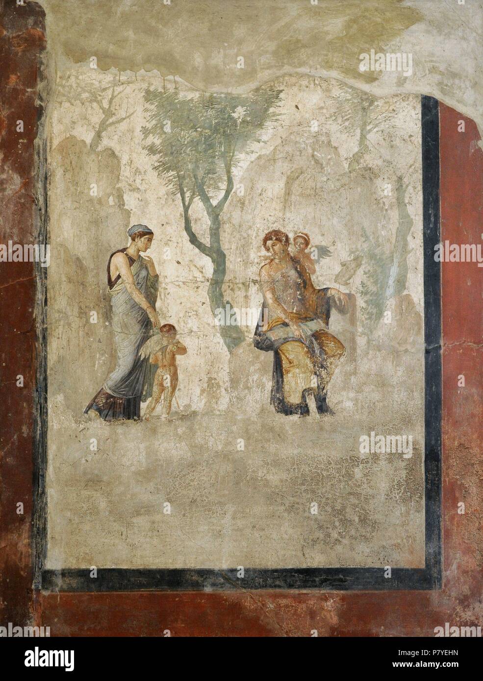 Roman fresco depicting Eros  carried by Peitho, the persuasion, before Anteros and Venus. 1st century AD. House of Punished Love. Pompeii. National Archaeological Museum. Naples. Italy. Stock Photo