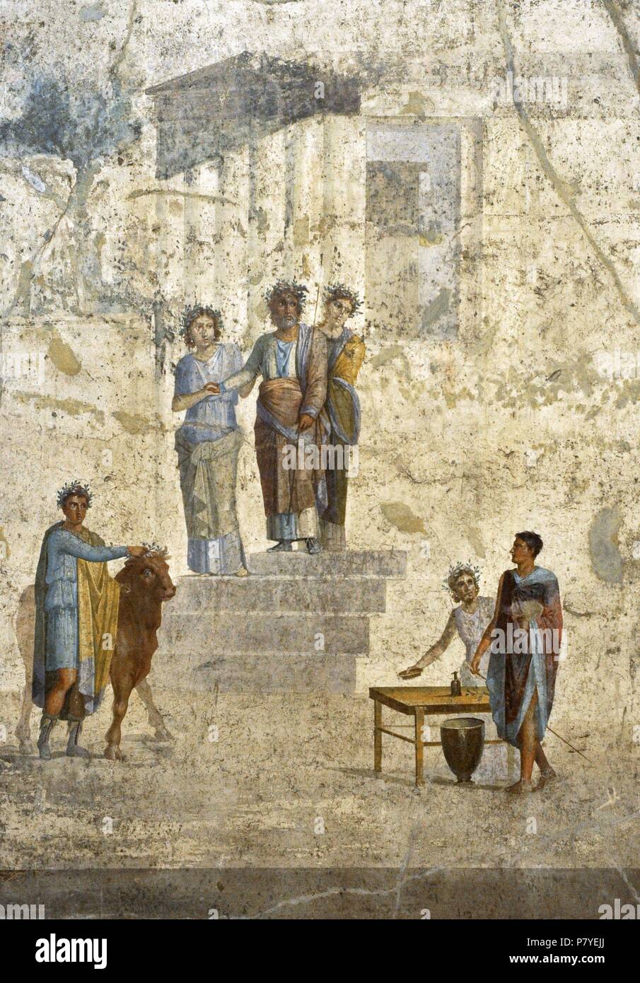 Roman fresco depicting the encounter between Pelias and Jason. Pelias, king of Iolcos, standing on the steps of a temple recognises Jason by his missing sandal. House of Jason (20-25 AD). Pompeii. National Archaeological Museum. Naples. Italy. Stock Photo