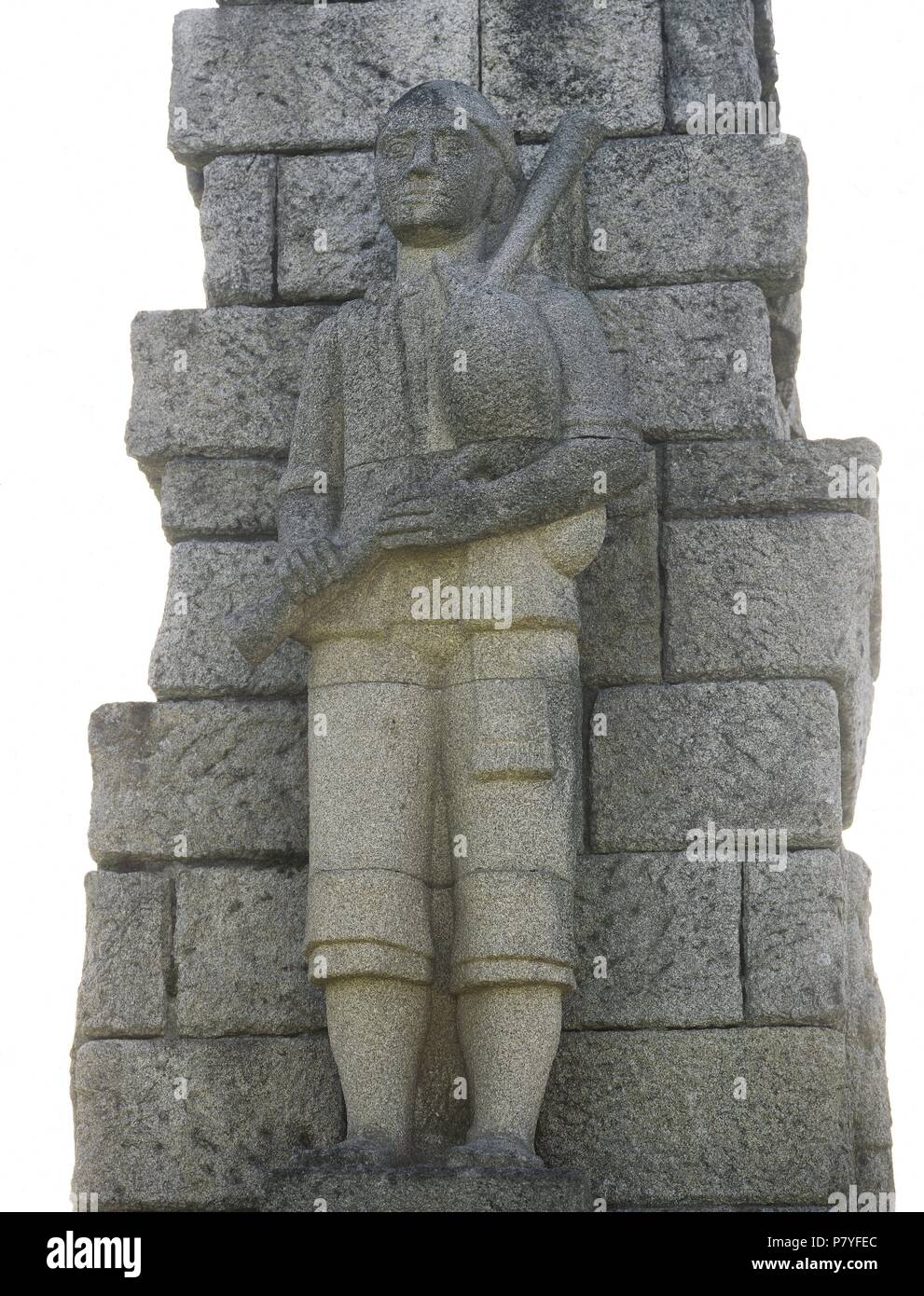 Monument to the Galician Piper, 1965. By Spanish sculptor Antonio Failde. Detail. Monte de Santa Cruz. Ribadeo. Province of Lugo. Galicia. Spain. Stock Photo
