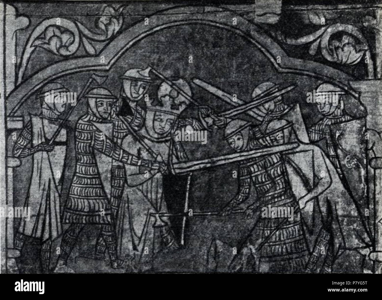 English: Warriors in a legendary portrayal of the fall of Saint Olaf.  Detail from Kaupanger Church in Sogn. Norsk bokmål: 'Krigere i rustning,  med jernluer, skjold og sverd eller stridsøks. (Legendarisk fremstilling