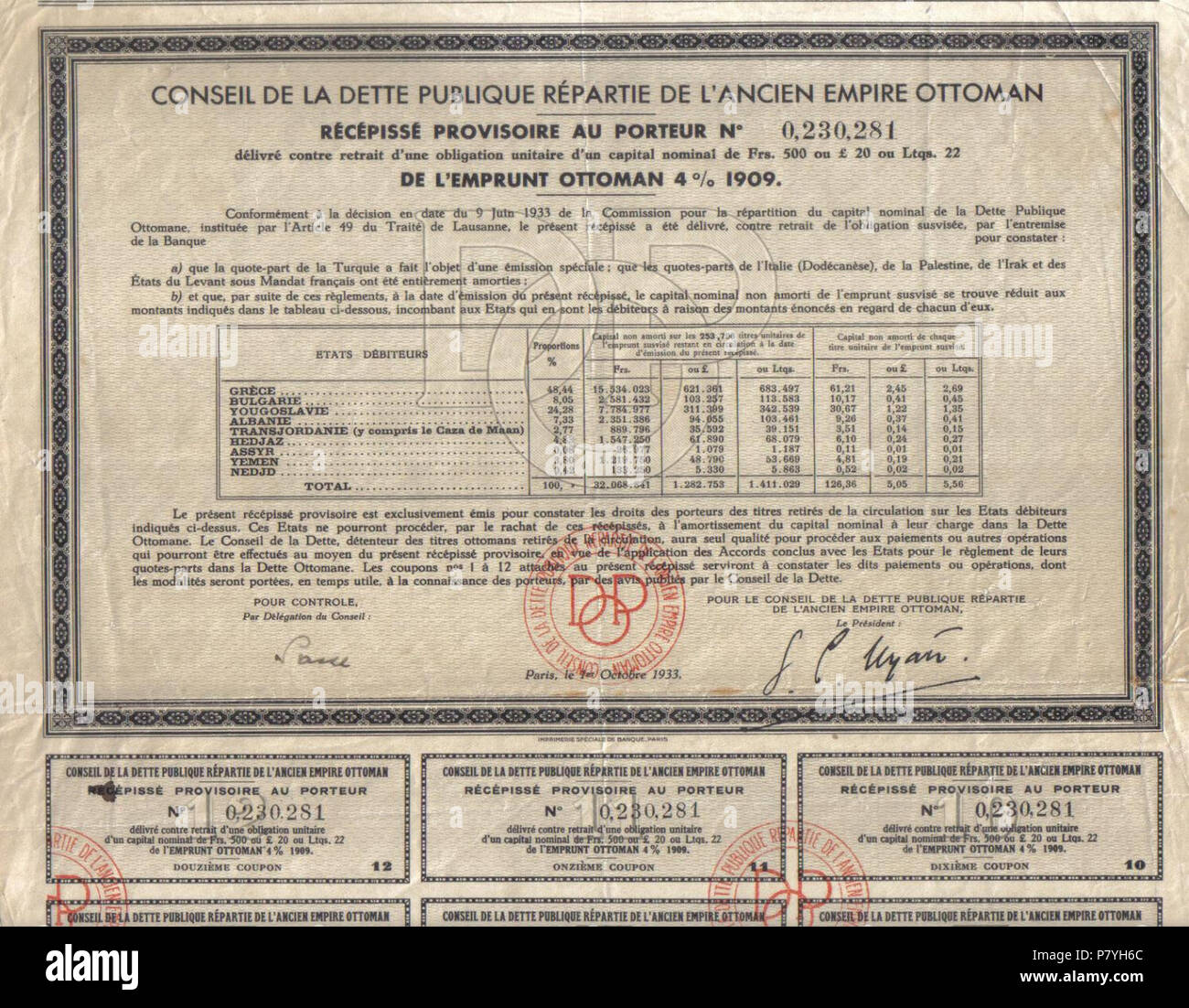 English: 1933 provisional certificate intended for bondholders of a 1909 public loan contracted by the defunct Ottoman Empire. The certificate lists the financial obligations incurred by successor states of the Ottoman Empire (aside of the Republic of Turkey) in relation to that loan. The share of each of those state is related to portions of their territory that belonged to the Ottoman Empire when the loan was contracted. Greece, which had annexed most of Macedonia and Epirus, has the highest obligation due to both the size and the wealth of the territories annexed. The definitive allotment o Stock Photo