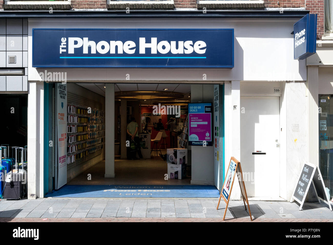 The Phone House branch in Leiden, Netherlands. The Carphone Warehouse Ltd. is a British mobile phone retailer, with over 2,400 stores across Europe. Stock Photo