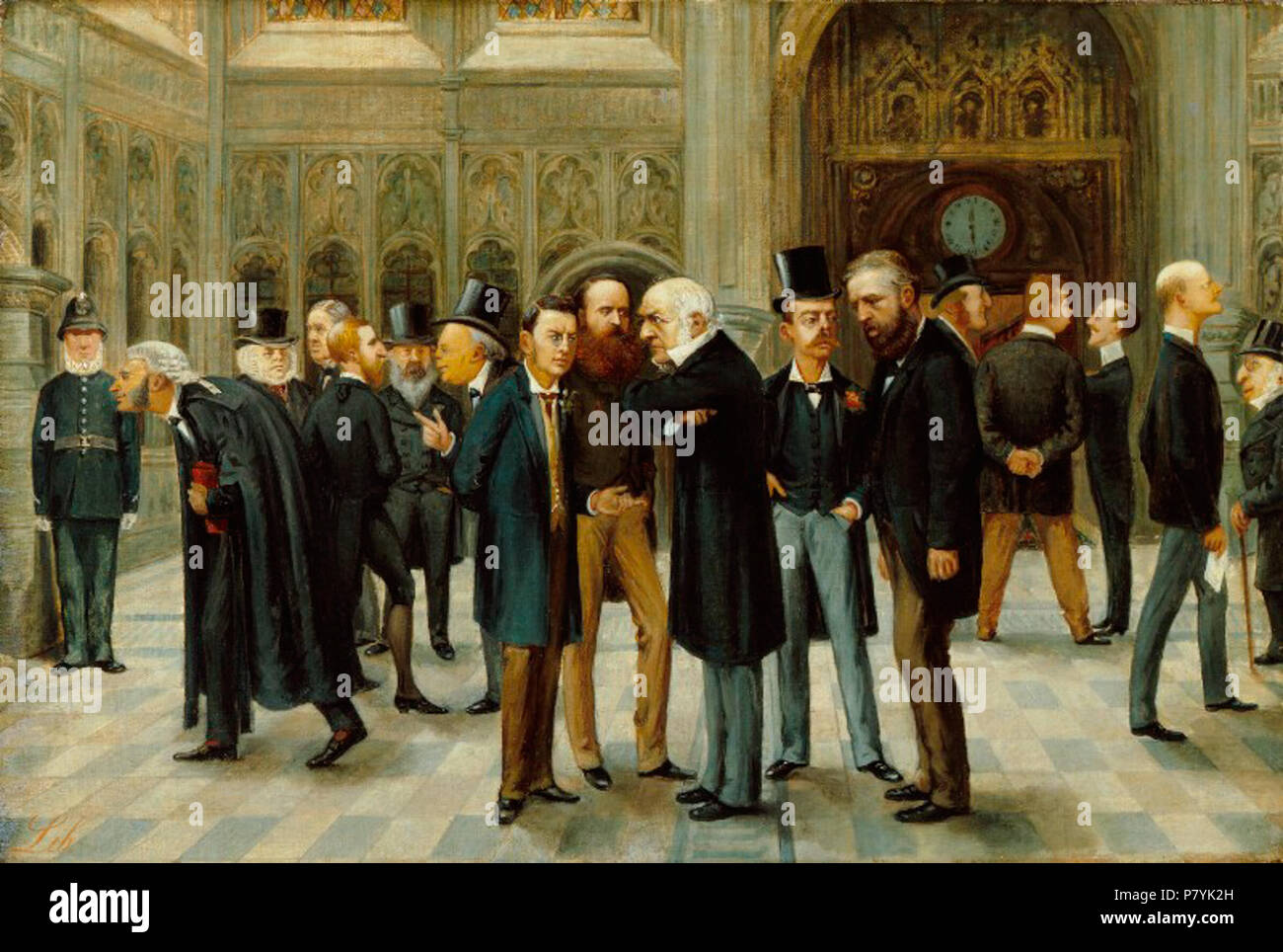English: The lobby of the House of Commons. Oil on canvas, published in Vanity Fair Christmas Supplement 1886 . circa 1886 300 The-Lobby-of-the-House-of-Commons-1886 Stock Photo