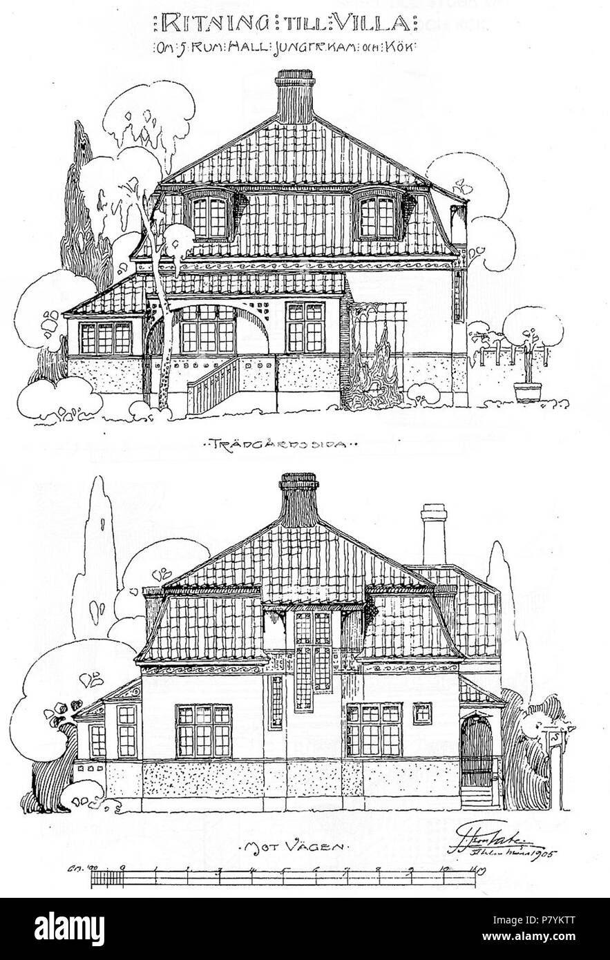 English: drawing of swedish villa, published in book 'Ritningar till ...