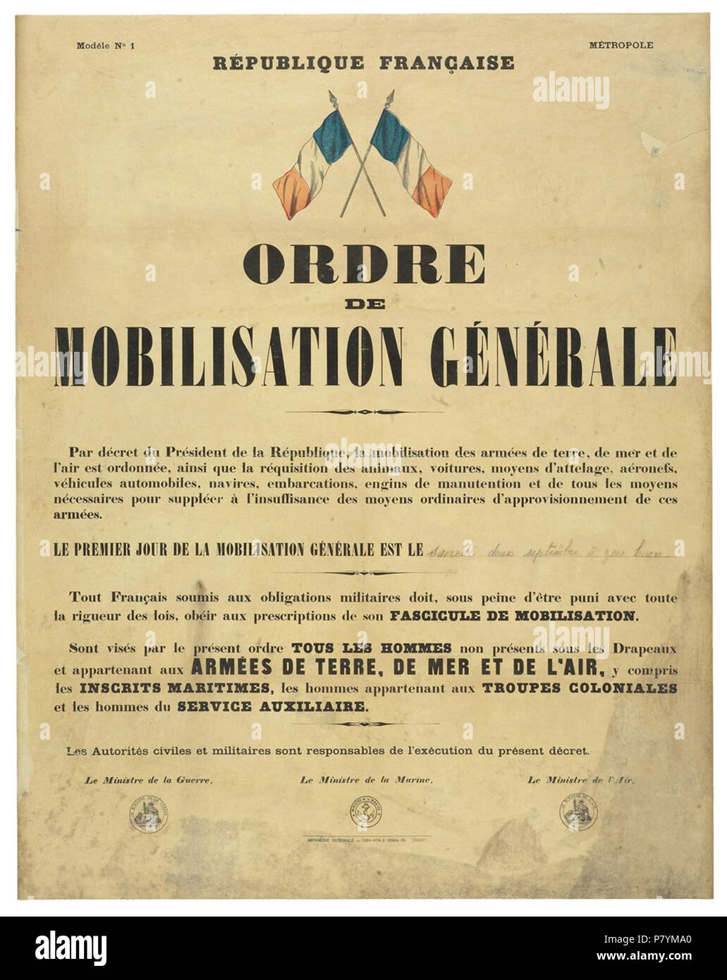 295 Ordre de mobilisation générale 1939 Stock Photo