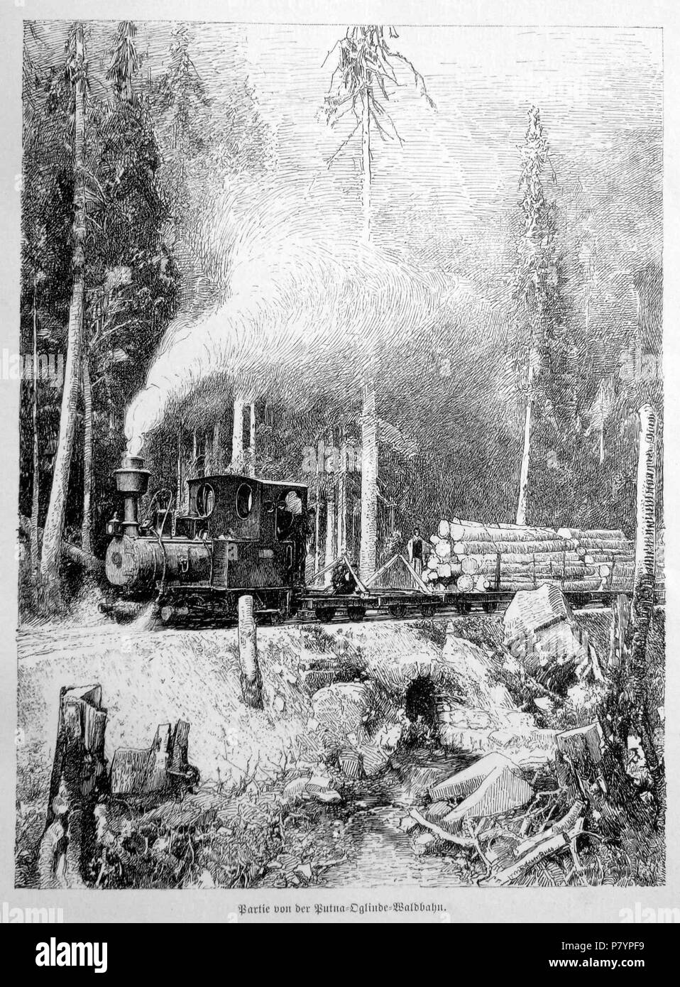 Deutsch: Waldbahn für die Holzwirtschaft beim Kloster Putna (Xylographie von Hugo Charlemont, 1899 . 1899 232 Kloster putna, waldwirtschaft waldbahn Stock Photo