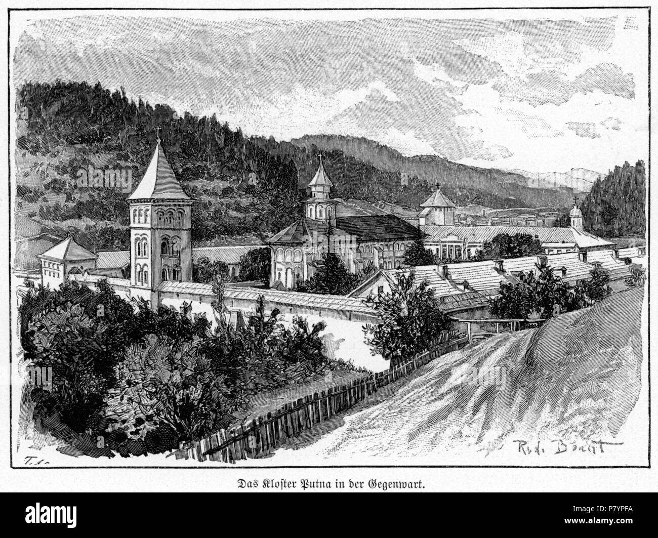 English: en:Putna Monastery approx. 1899. Deutsch: de:Kloster Putna, historische Ansicht (Xylographie von Rudolf Bernt, 1899 . 1899 232 Kloster Putna Stock Photo