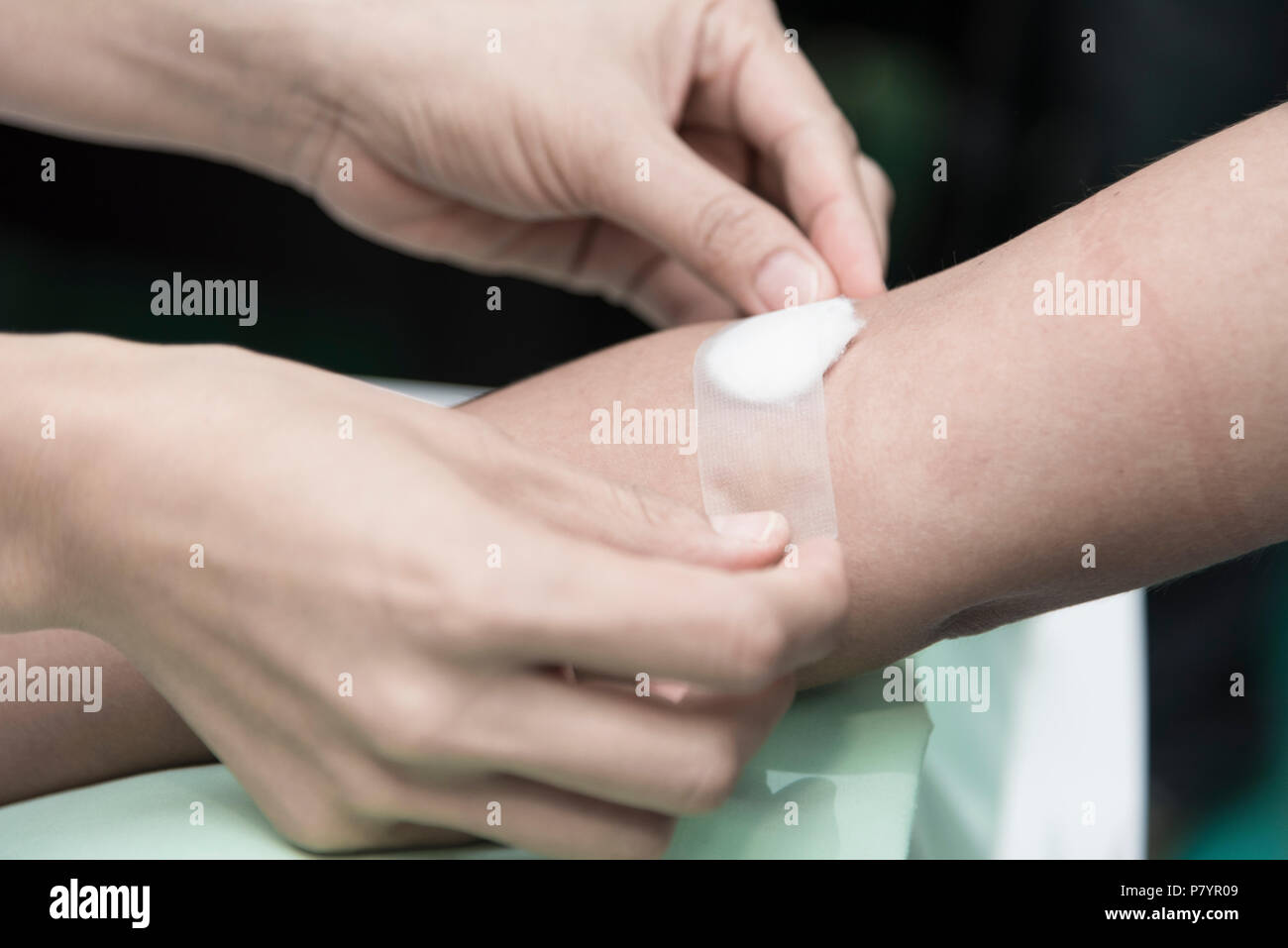Healing wound from blood collect of physical examination, Hospital and first aid concept Stock Photo