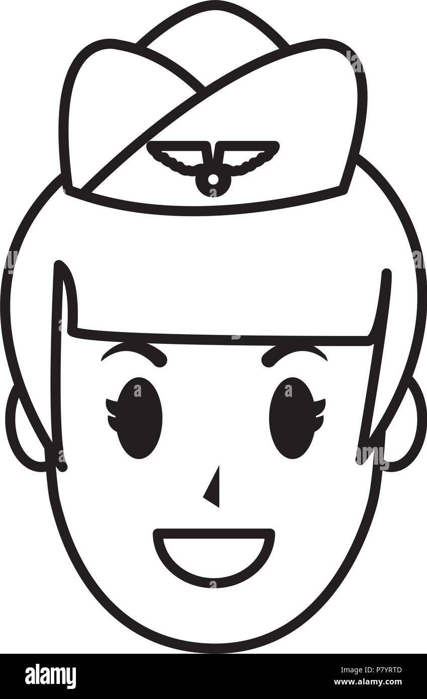 line stewardess woman head with hat and hairstyle Stock Vector Image