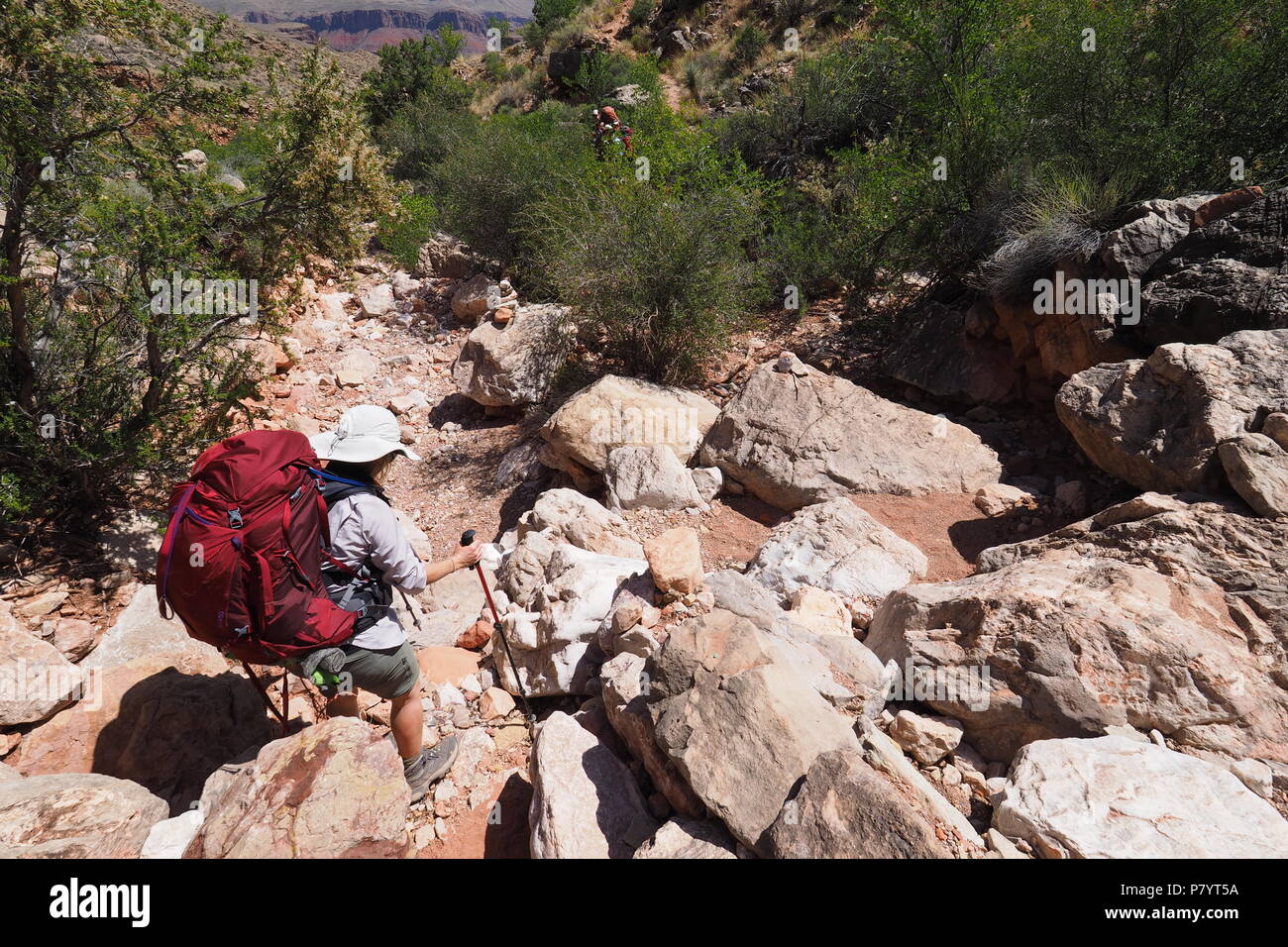 Female backpacker descending a rocky portion of the Grandview Trail in