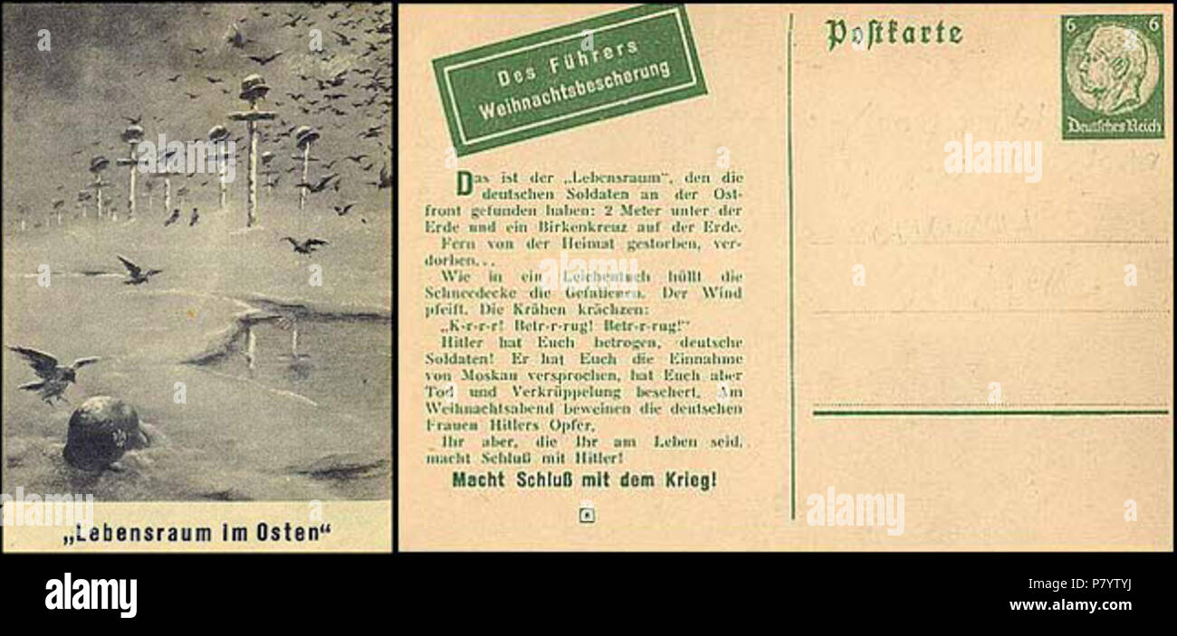 mouse over for original transcript Deutsch: Text missing English: A stamped propaganda postcard issued in USSR for German troops for Christmas of 1941, Battle for Moscow, December 1941. A falsified postcard with a standard 6 pfennig German stamp depicting Paul von Hindenburg; obverse and reverse sides. :          1941 ,   , .         6    .  Des Führers Weihnachtsbescherung («  »),  — 500 . :     ,      : Lebensraum im Osten («   »).   :  “  ,       .         .      ,  ,  : '--, --! --!'.   ,  .     ,       .       . ,    ,   !   ! ”  . 1941 / 25 November 2007 (original upload date) 242 Leben Stock Photo