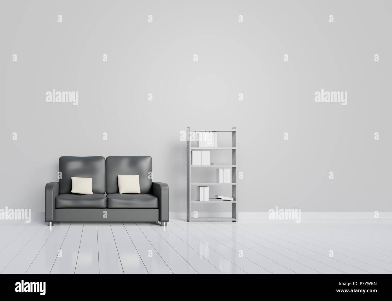 Modern interior design of living room with black sofa with grey and ...