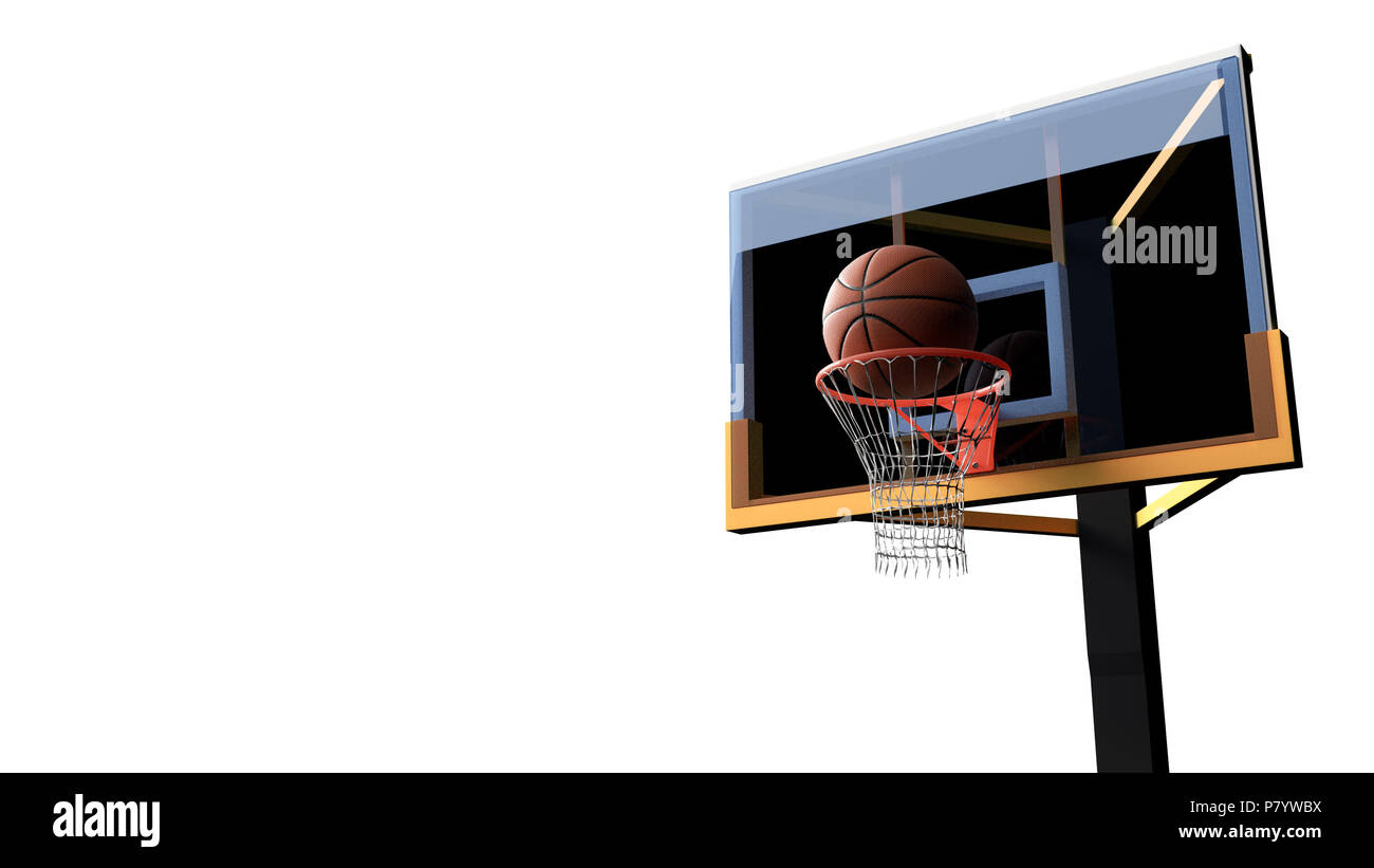 Basketball going into hoop on white isolated background. Sport and
