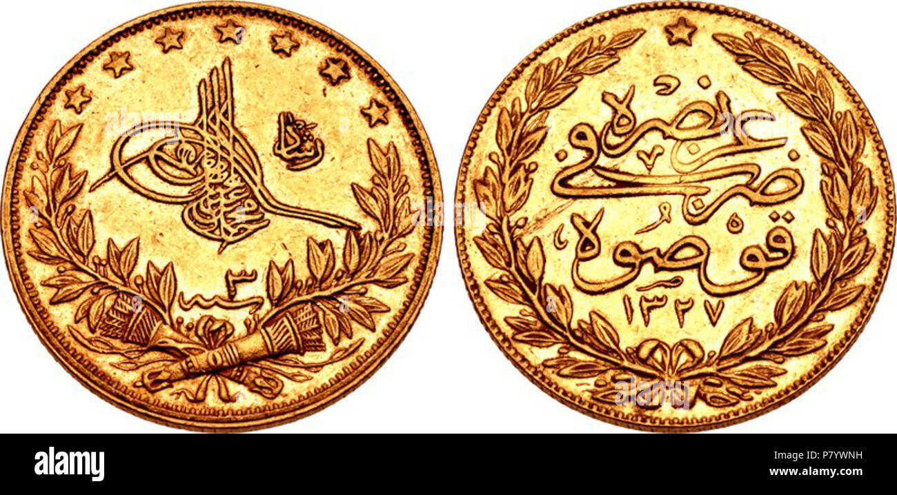 English: ISLAMIC, Ottoman Empire. Mehmed V Rashad. AH 1327-1336 / AD 1909-1918. AV 100 Kurush – Liralk (22mm, 7.19 g, 12h). Mint visit issue. Kosova (Kosovo) mint. Dually dated AH 1327 and RY 3 (AD 1911). Tughra; reshad in Arabic to right; 3 sanat (RY date) in Arabic below; all within laurel wreath with crossed quivers over ties; seven stars above / zarb kosova fi 1327 az nasrah (Struck Kosova in 1327 may his victory be glorious) in Arabic; all within laurel wreath; star above. Ölçer, Mehmed 35 322; Sultan –; Pere 1011; KM 800; Friedberg 61b. Good VF, traces of underlying luster, circulation m Stock Photo