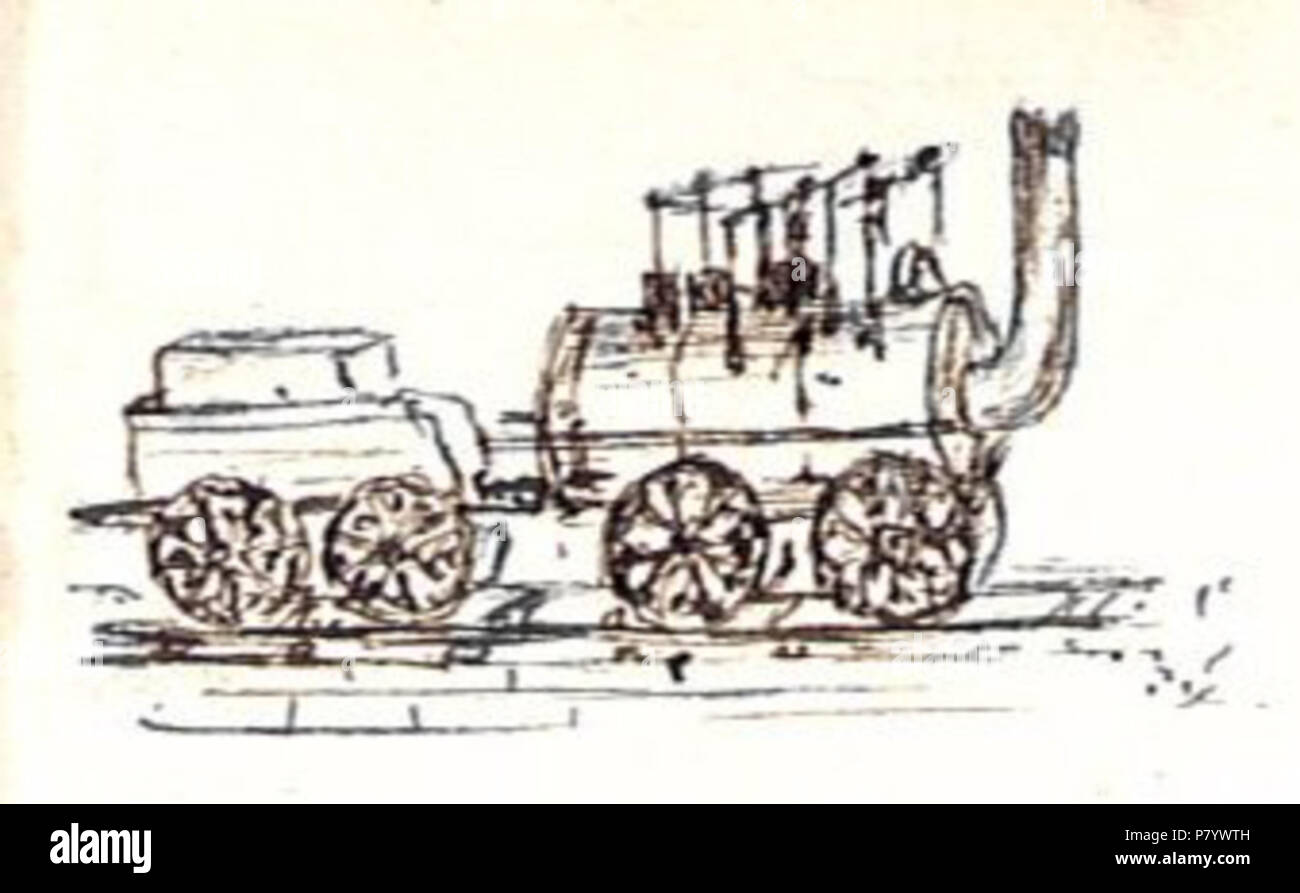 Sketch of the steam locomotive Locomotion, drawn in 1892 when it was placed on display at Darlington station. Detail from ink sketch 'Bellshill, 1892' . 5th-9th May 1892 249 Locomotion at Darlington station, 1892 Stock Photo