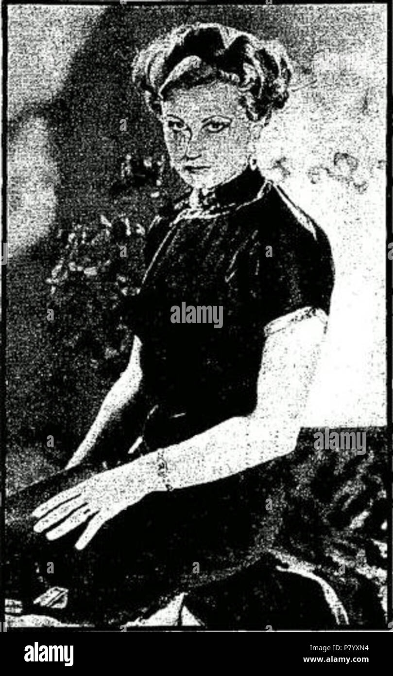 A poor-quality reproduction of a newspaper image of Lydia Cecilia Hill (1913-1940) from a front-page Daily Express article dated May 26 1938. The article is titled 'Dance girl and sultan romance'. She was a favourite of the Sultan of Johor from 1934 to 1940. The pose may indicate an engagement photograph, as Miss Hill is wearing Johor national dress and apparently showing an engagement ring. The image has been microfilmed then scanned (or photocopied then scanned) for the online archive; the microfilm process accounts for the poor quality. 26 May 1938 253 Lydia Cecilia Hill Daily Express 1938 Stock Photo