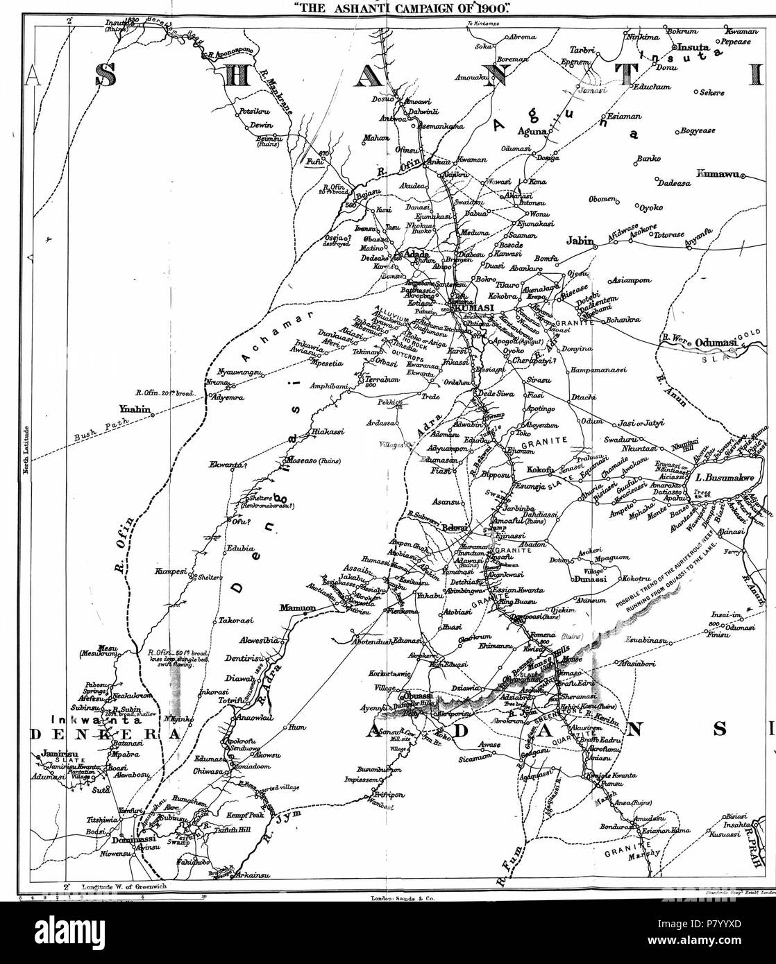 English: Map to the British Ashanti Campaign of 1900 (Fifth Anglo-Ashanti War) . 1901 258 Map Brit Ashanti 1900 Stock Photo