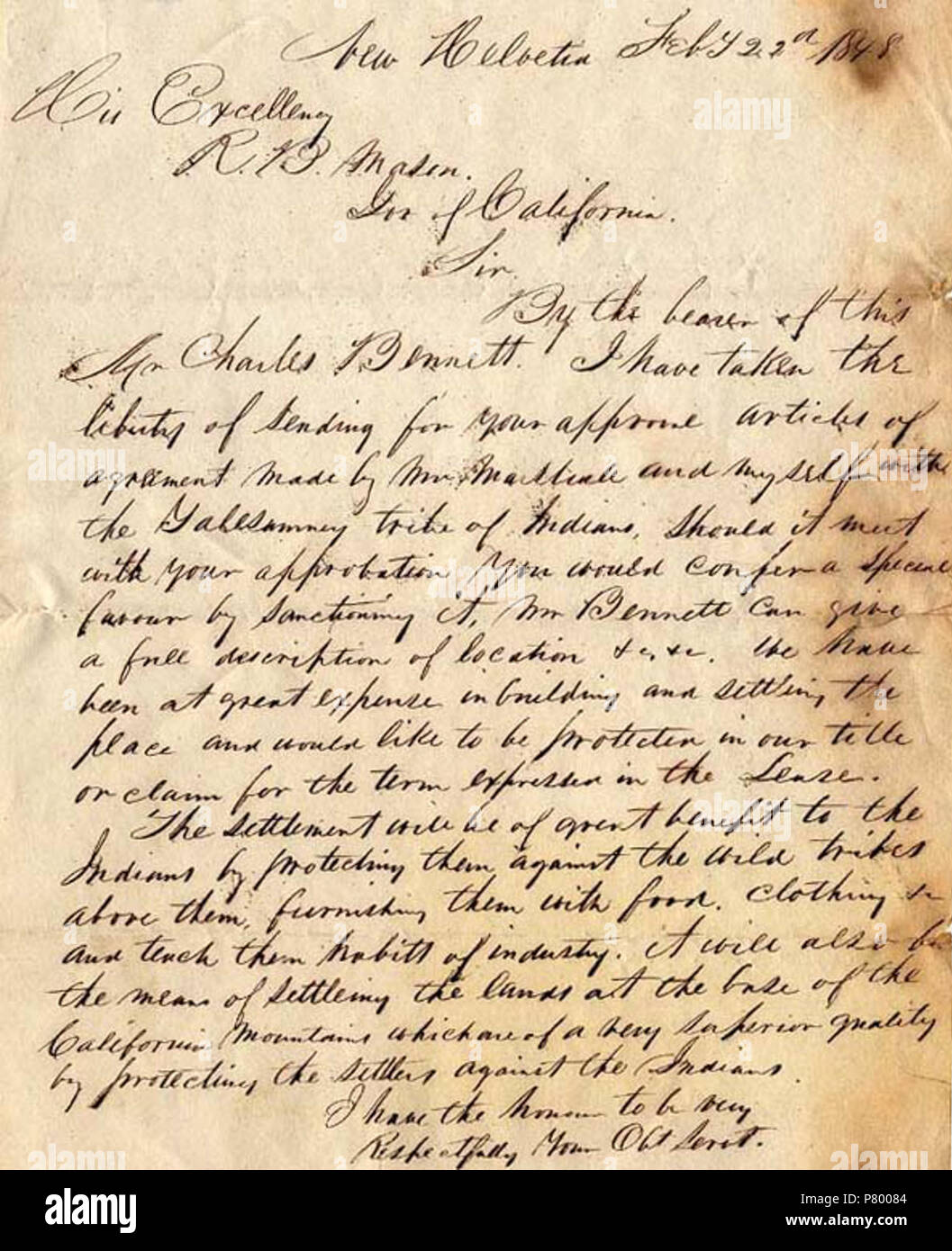 English: Unsigned letter of John A. Sutter to Governor R. B. Mason