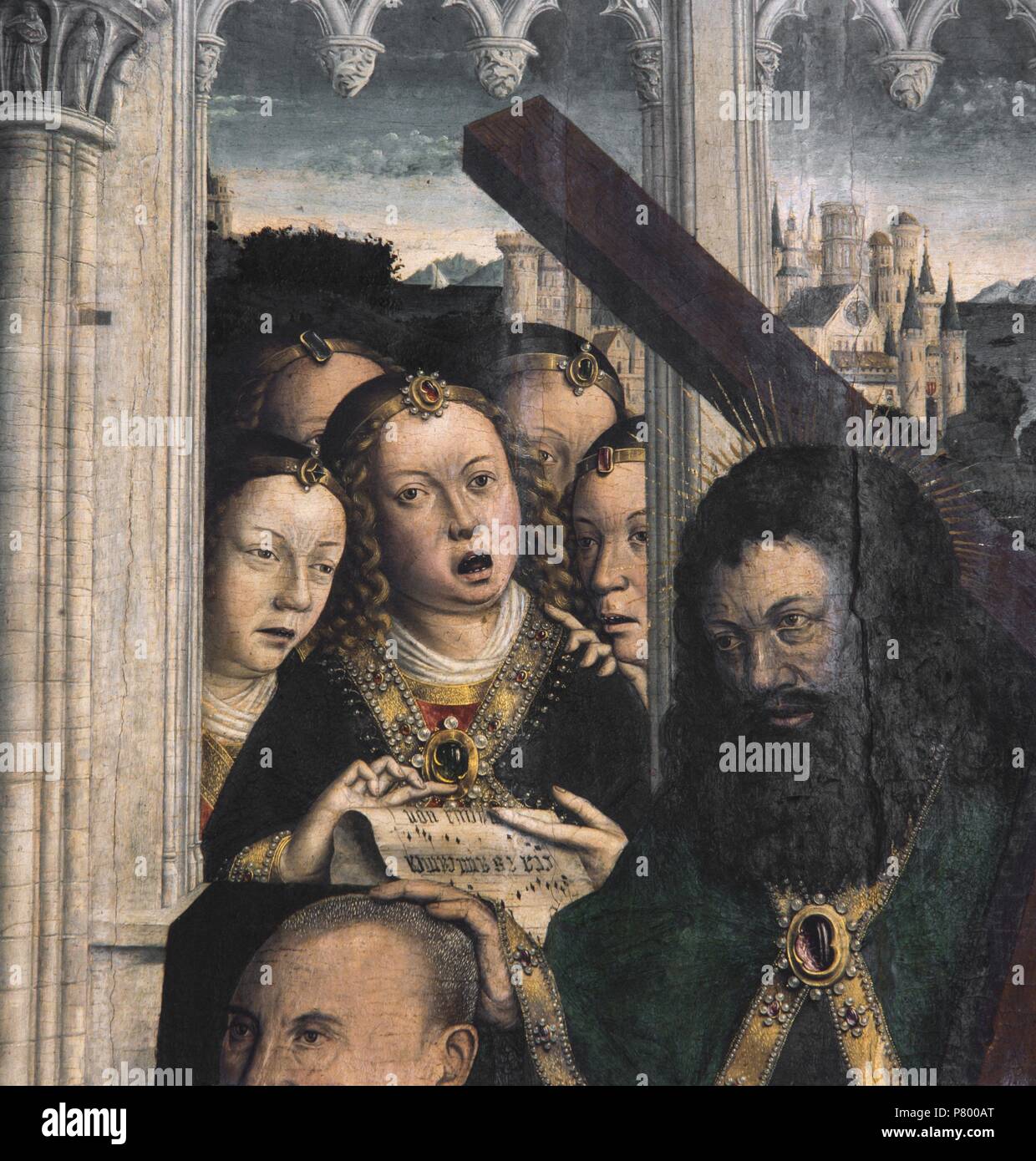 Virgin of the Consellers, 1443-1445. Detail singing angels. Oil on oak wood. 316 x 312,5 x 32,5 cm. From the altar of the chapel of Barcelona City Hall. Museu Nacional d'Art de Catalunya, Barcelona. Stock Photo