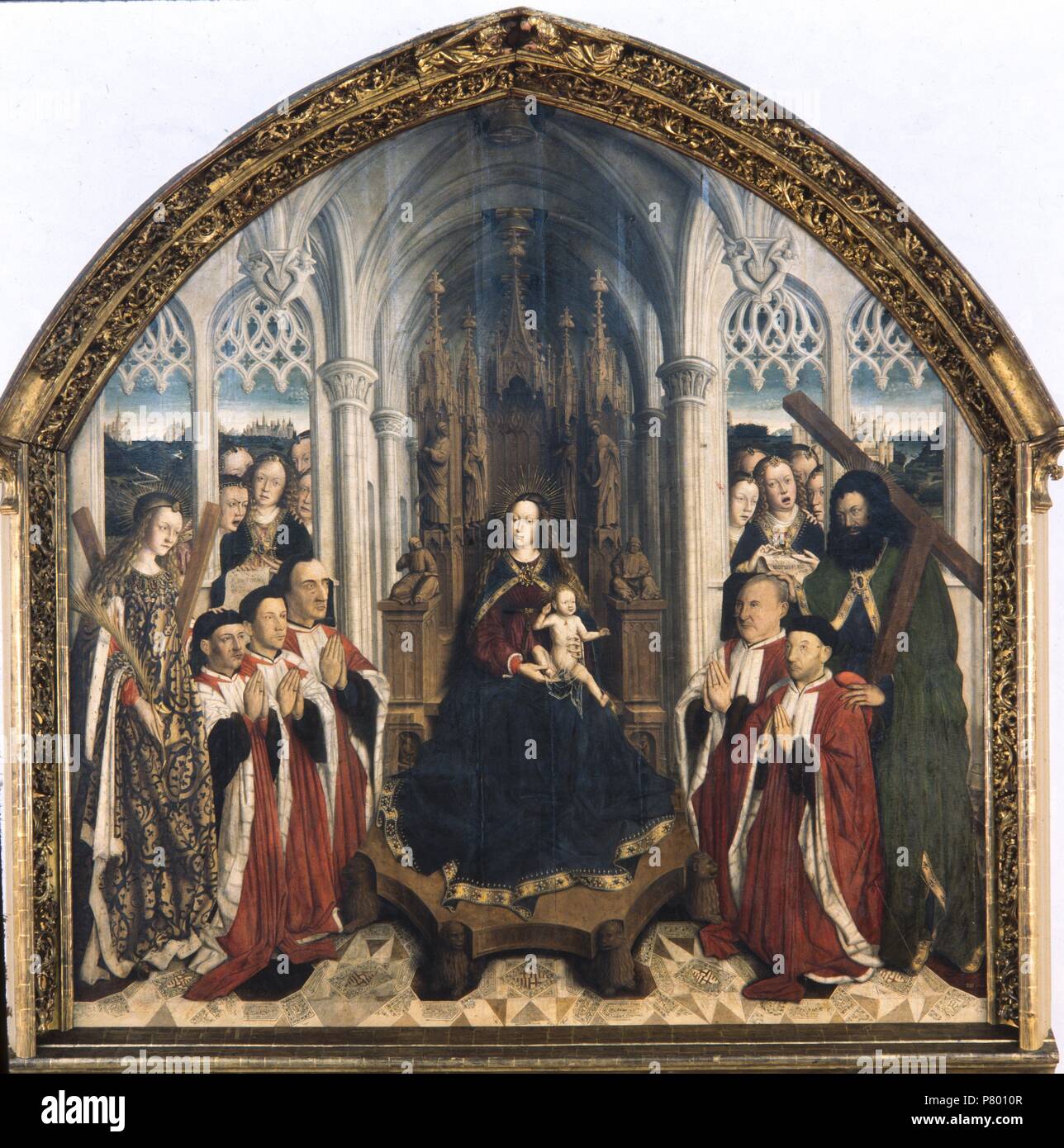 Virgin of the Consellers, 1443-1445. Oil on oak wood. 316 x 312,5 x 32,5 cm. From the altar of the chapel of Barcelona City Hall. Museu Nacional d'Art de Catalunya, Barcelona. Stock Photo