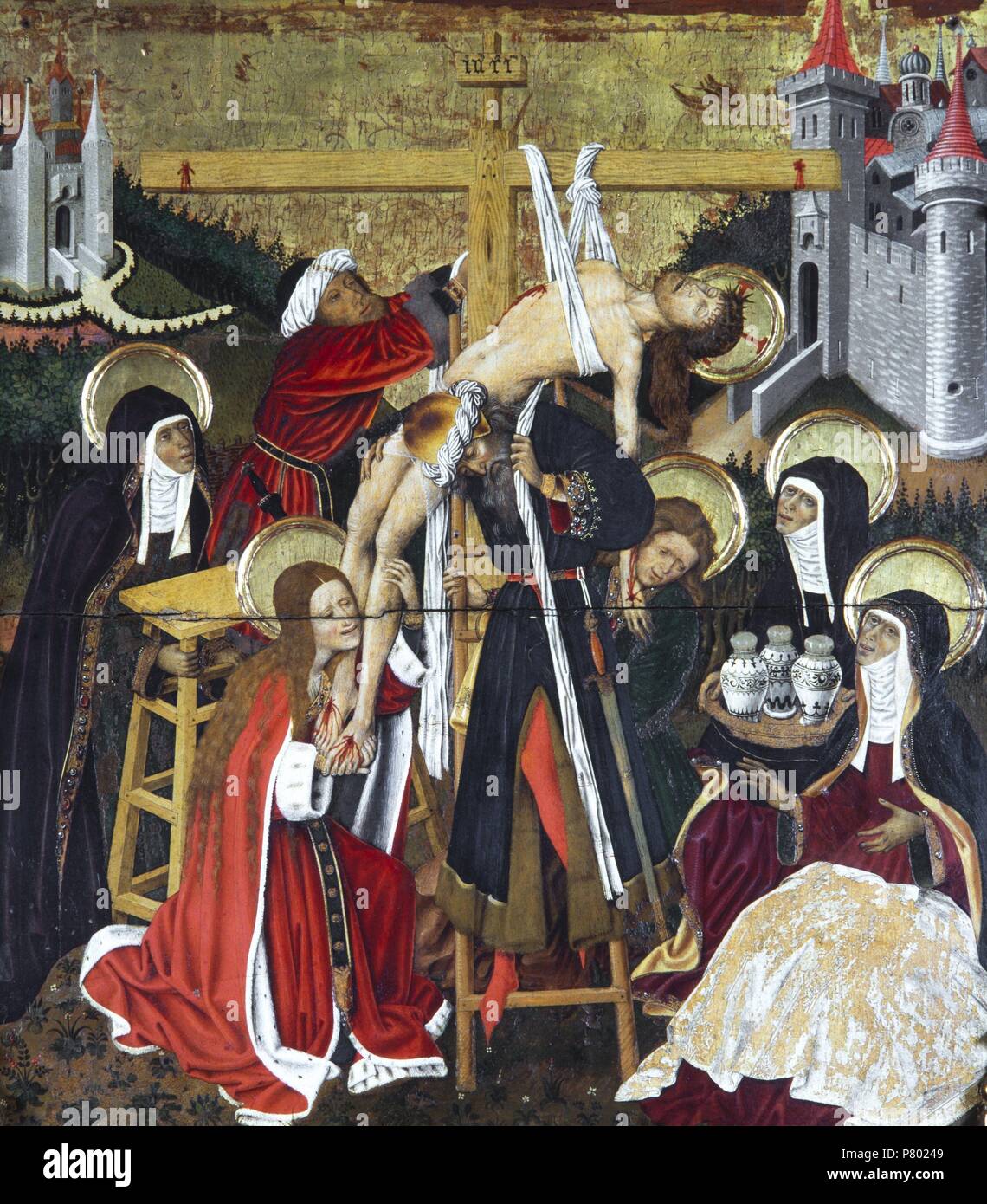 Retablo de la Transfiguración, 1445-1452. Descendimiento de la cruz. Pintura al temple sobre tabla. Catedral de Barcelona. Stock Photo