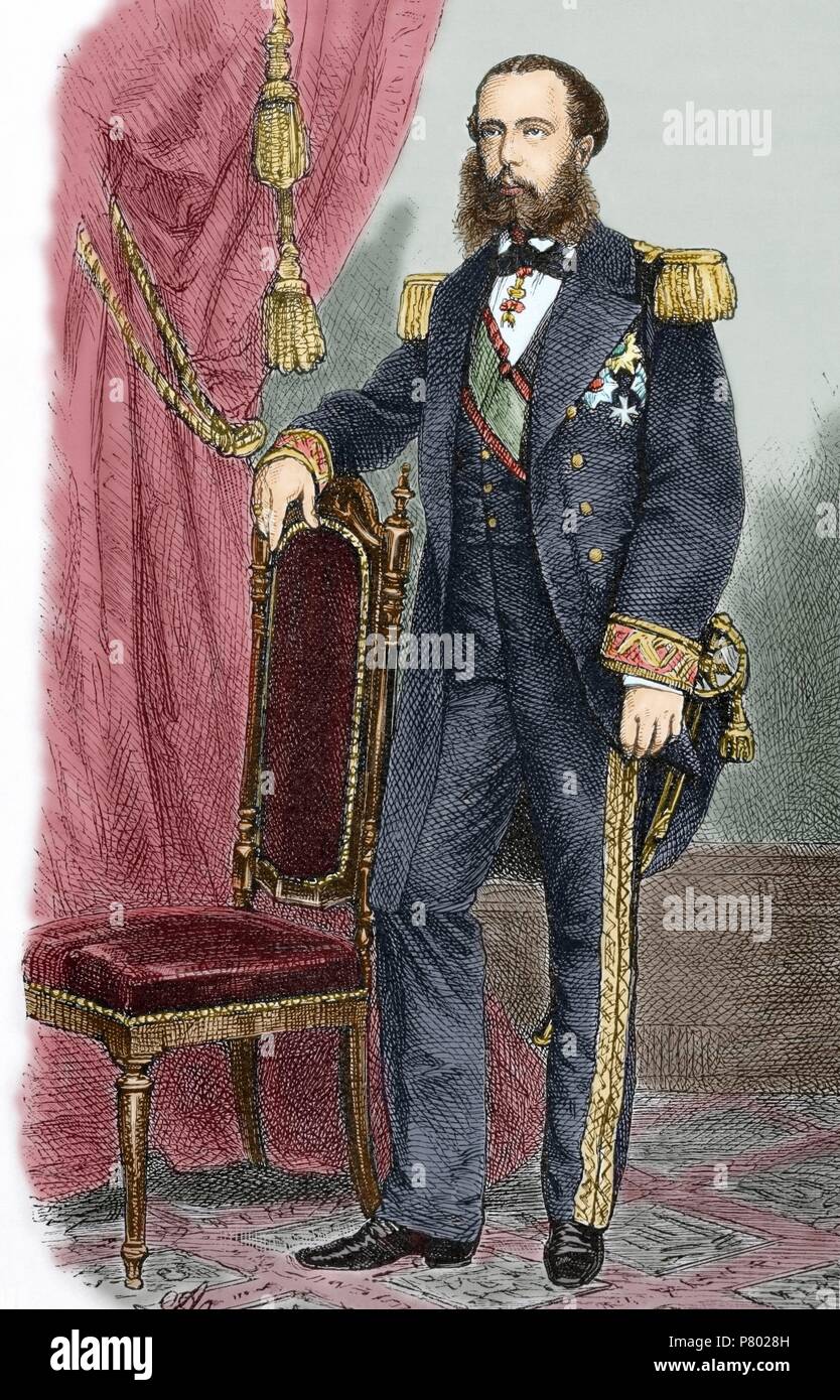 Maximilian I (1832-1867). Emperor of Mexico. Second Mexican Empire. House Habsburg-Lorraine by birth and Iturbide by adoption. Portrait. Engraving in 'Historia Universal', 1885. Colored. Stock Photo