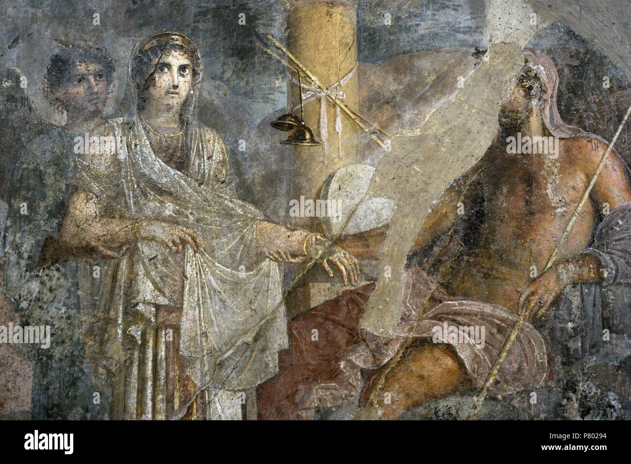Hera, waring the formal clothes of the bride is pushed towards Zeus by Iris. The small personifications crowned with flowers refer to the regeneration of nature that derives from the divine union. House of the Tragic Poet. Pompeii. National Archaeological Museum, Naples. Italy. Stock Photo