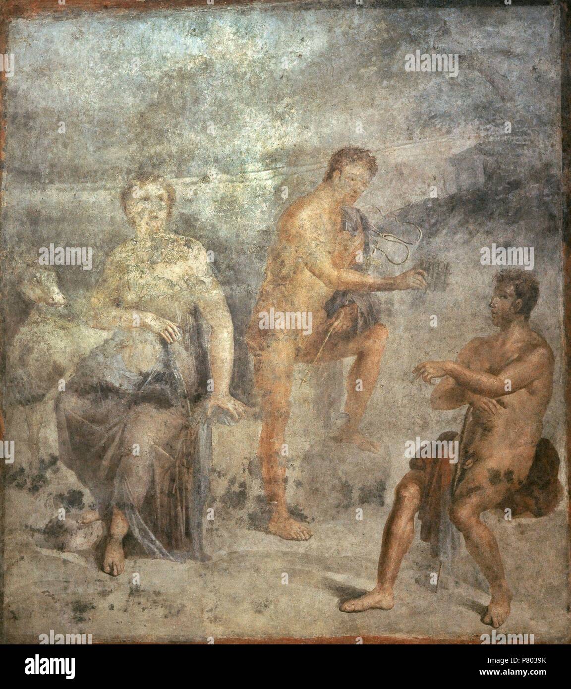 Io, Argo and Hermes. Central area of the north wall. The Ekklesiasterion, Temple Isis, Pompeii, Italy. National Archaeological Museum, Naples. Italy. Stock Photo