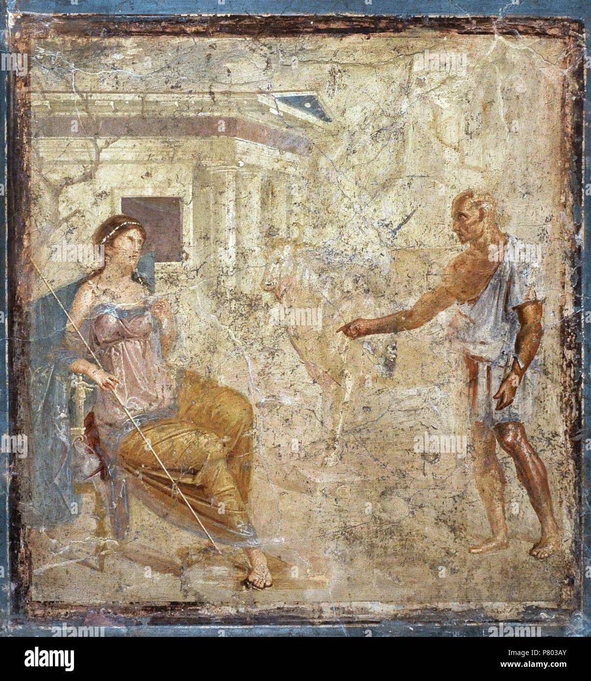 Daedalus present the artificial cow to Pasiphae. Roman fresco.1st century AD. Casa della Caccia Antica, VII, 4, 48. Pompeii, Italy. National Archaeological Museum, Naples. Italy. Stock Photo