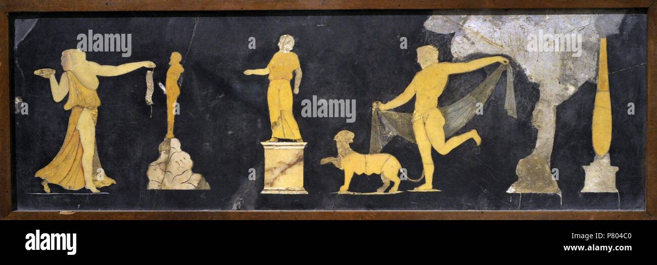 Scene dionisian. Dancing Maenad near Priapus statue, panther and satyr. Opus Sectile. Casa dei Capitelli. Pompeii. 1st century. National Archaeological Museum. Naples. Italy. Stock Photo