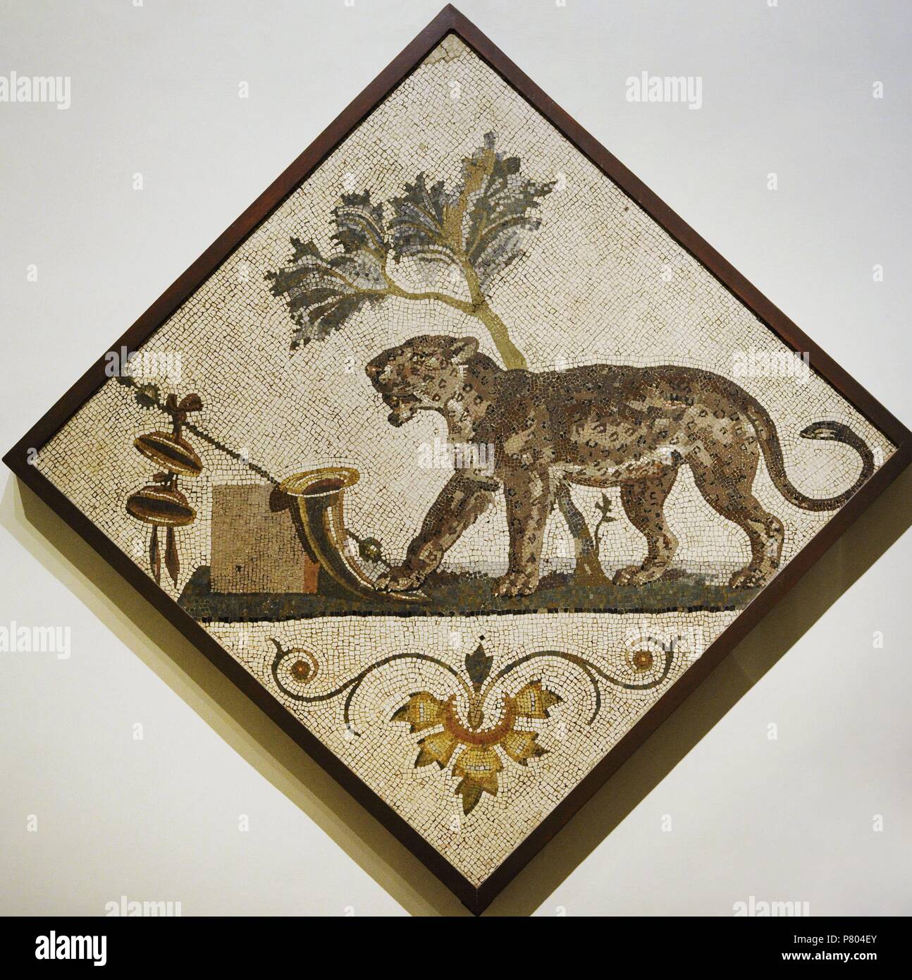 Mosaic. Panther with Dionysus symbol. From Pompeii. Santangelo Collection. National Archaeological Museum. Naples. Italy. Stock Photo