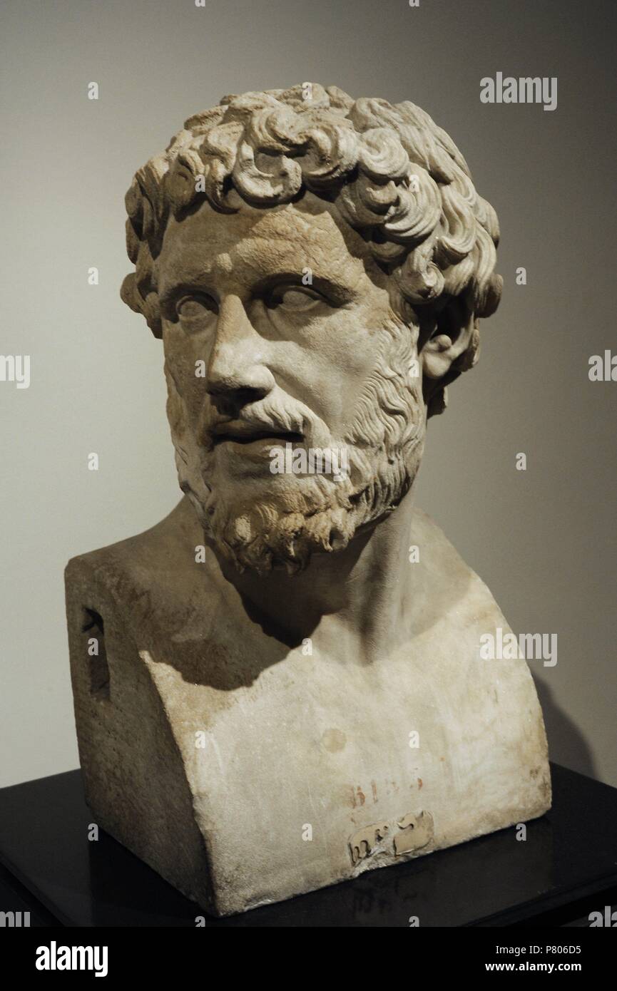 Bust of a Greek poet. Marble. Rectangular peristyle. Villa of the Papyri, Herculaneum. National Archaeological Museum. Naples. Italy. Stock Photo