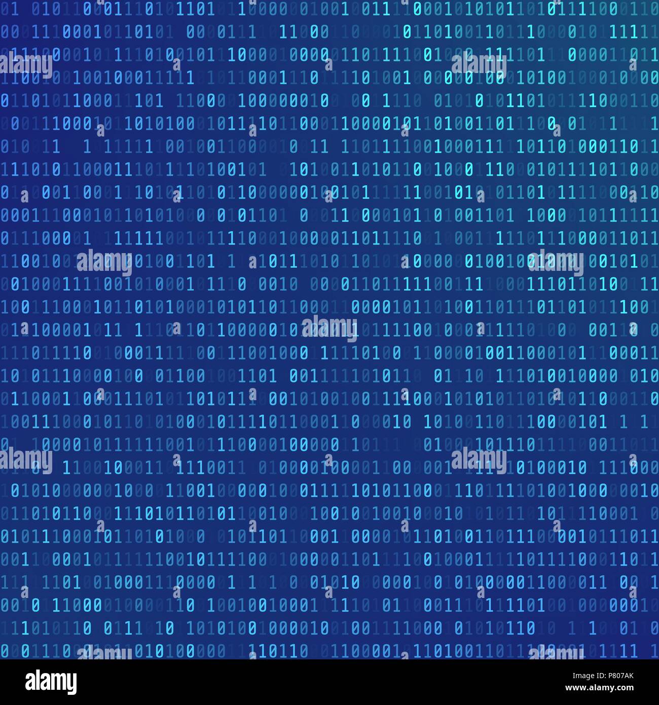 Binary computer code. Abstract Technology background. Stream of zeros and ones. Programming encoded information. Matrix of numbers on blue background. Stock Vector
