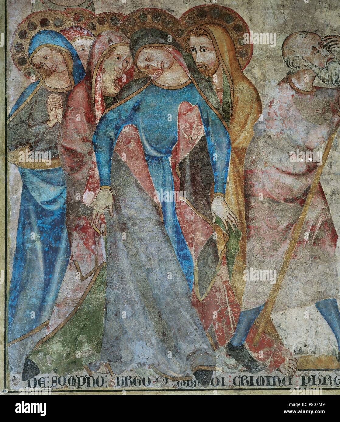 Juan Oliver. Painter. Active in Navarra, Spain, 14th century. Crucifixion, 1330. Grieving Virgin Mary. Fresco. Refectory of Pamplona Cathedral. Gothic. Museum of Navarre, Pamplona, Spain. Stock Photo