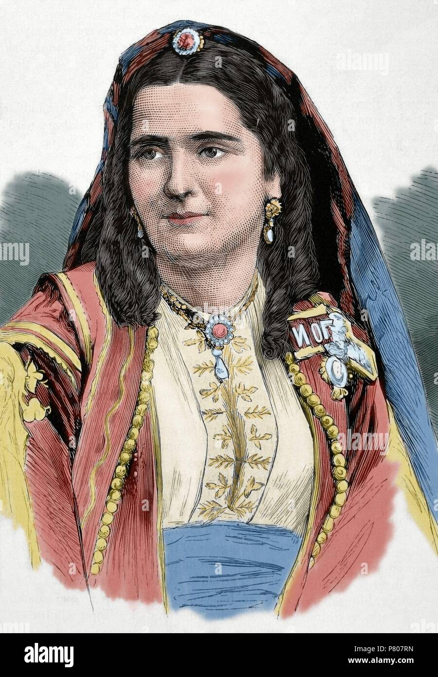 Milena Vukotic (1847-1923). Queen Consort of Montenegro, as wife of King Nicholas I of Montenegro (1920-1918). Portrait. Engraved by Paris in 'La Ilustracio n espan ola y americana', 1875. Colored. Stock Photo