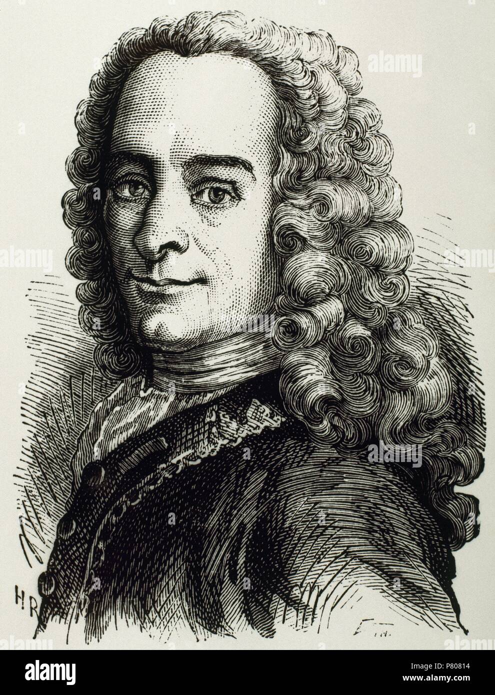 Voltaire (Franc ois-Marie Arouet) (1694-1778). French writer of The Enlightenment. Portrait. Engraving. Stock Photo