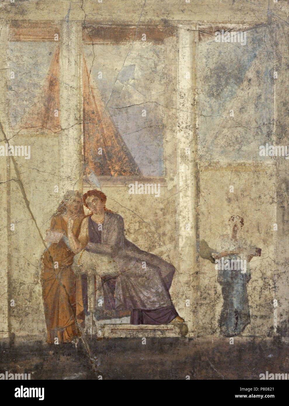 Roman fresco depicting Phaedra, tormented by the unrequited love of his stepson Hippolytus, delivers a letter in which he accuses him and what will lead to his death. House of Jason (20-25). Pompeii. National Archaeological Museum. Naples. Italy. Stock Photo