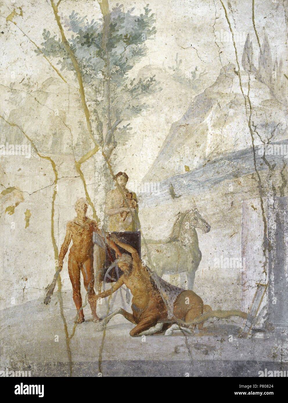 Roman fresco depicting Heracles grabbing the centaur Nessus by the hair. Behind them, Deianira. House of Jason (20-25 AD). Pompeii. National Archaeological Museum. Naples. Italy. Stock Photo