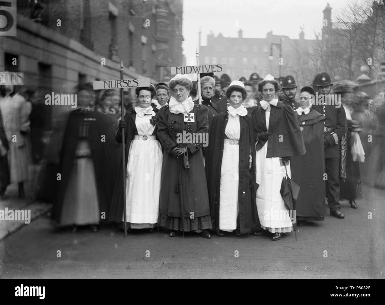 English: Photographs by Christina Broom who died in 1939. See file name for subject. note Emmeline Pankhurst, at Caxton Hall, June 1909 . 2 January 1909 290 Nurses and midwives marching to the Royal Albert Hall, London, April 1909 Stock Photo