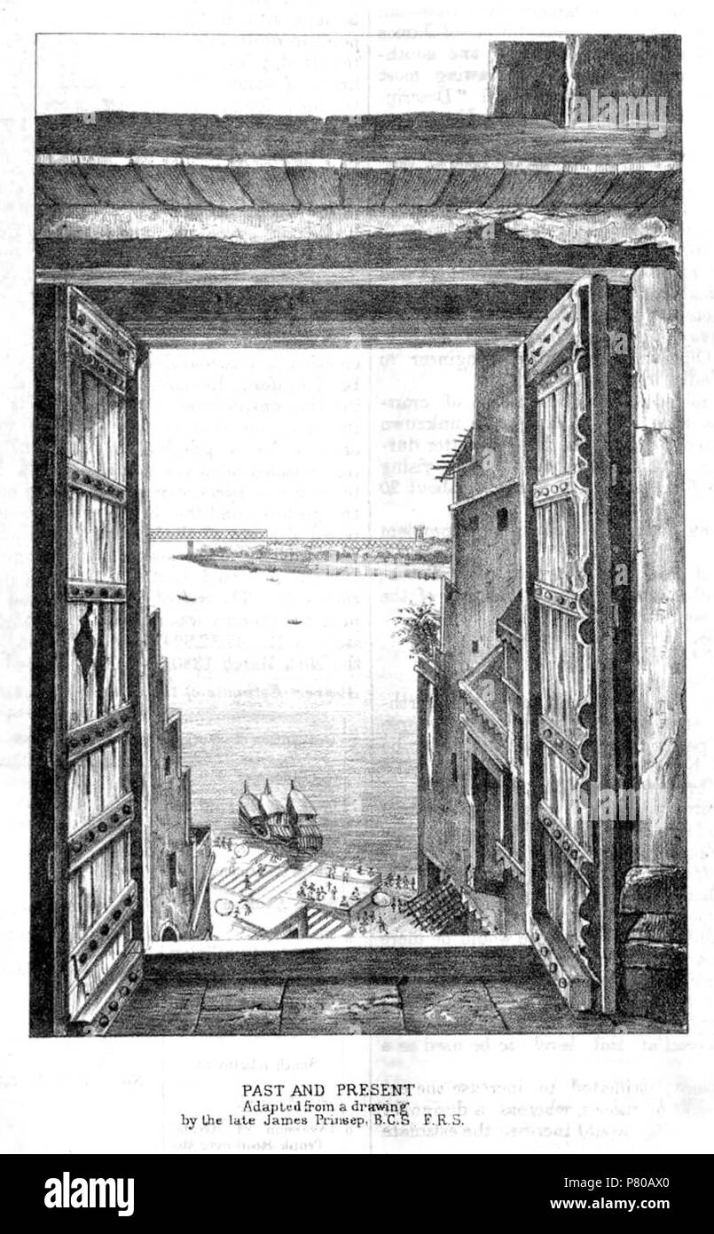 a drawing of the bridge at Benares based on an illustration by James Prinsep. The Oude and Rohilkund Railway Bridge over the Ganges. This is an adaptation of Prinsep's well-known drawing into which the two southern spans of the bridge are introduced. 1887 302 Past and Present Prinsep Stock Photo