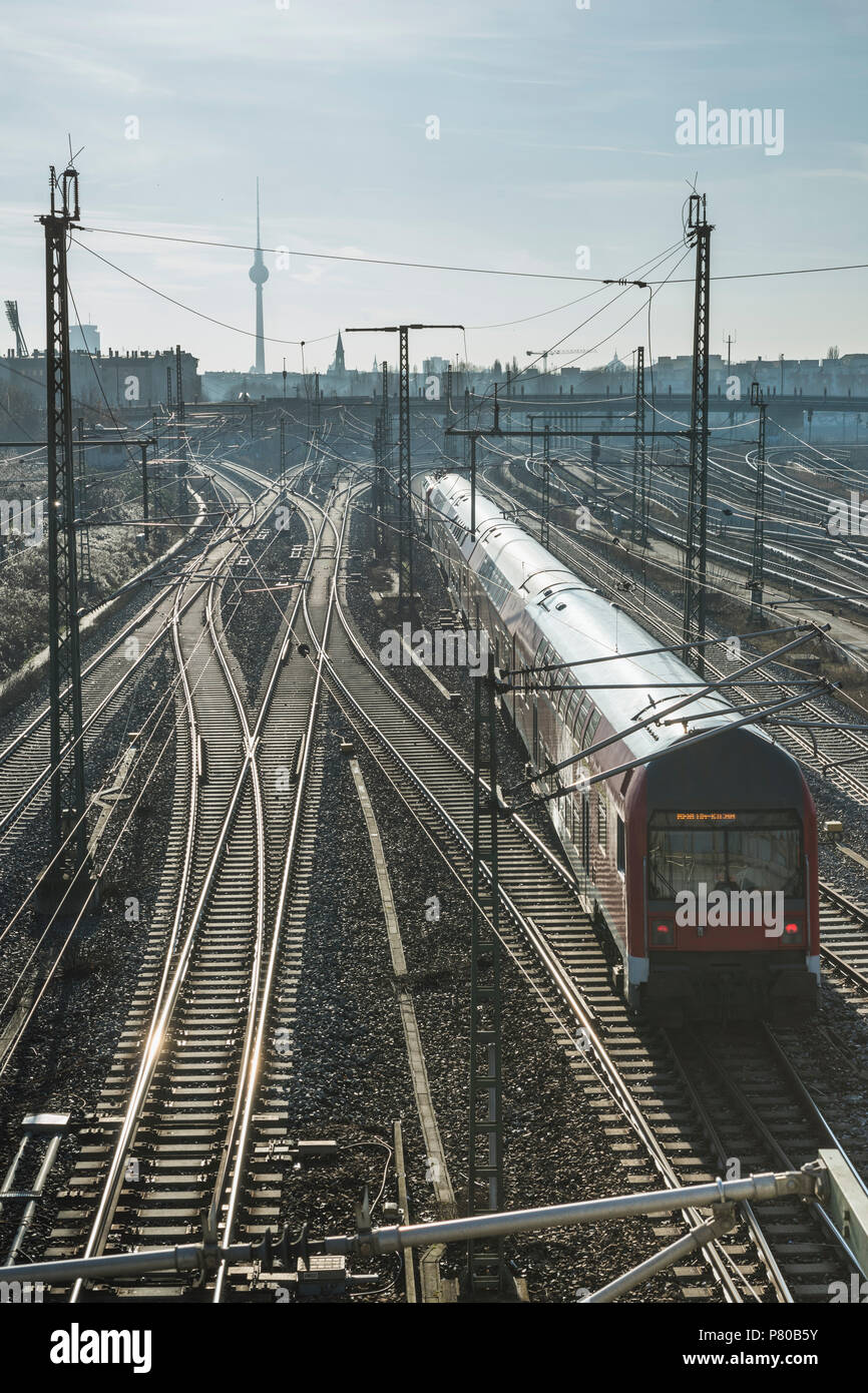 modern train cars moving in Berlin by sunny morning Stock Photo