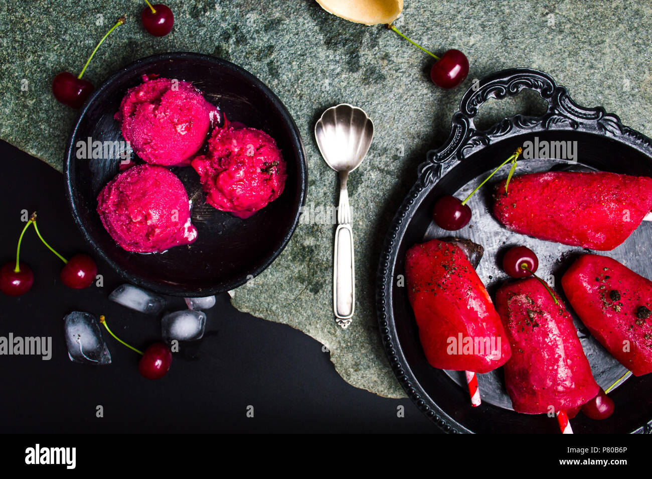 Cherry ice cream scoops on a plate top view Stock Photo