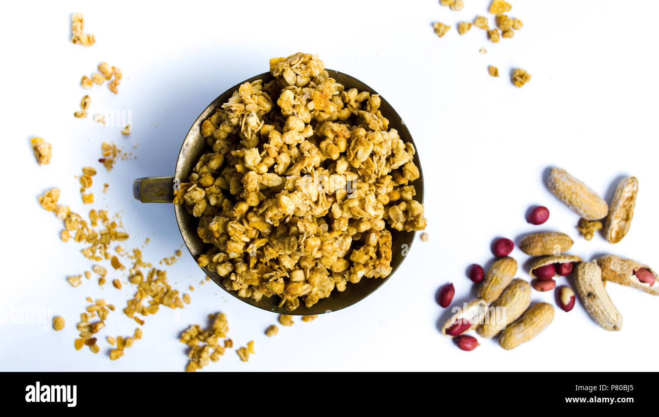 Muesli with peanuts on a pile, healthy food Stock Photo