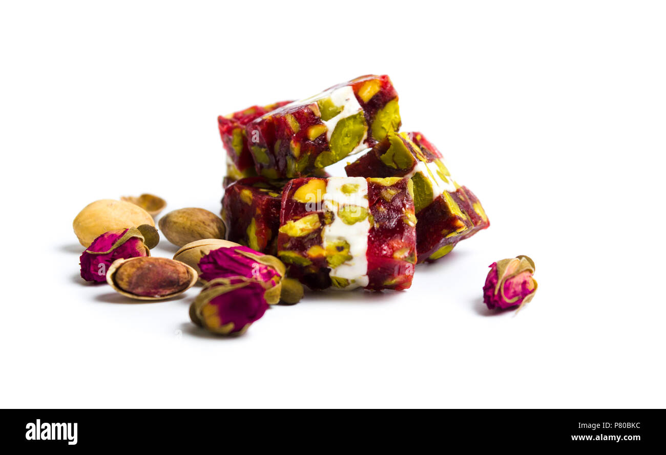 turkish delights with pistachios and rose flower Stock Photo