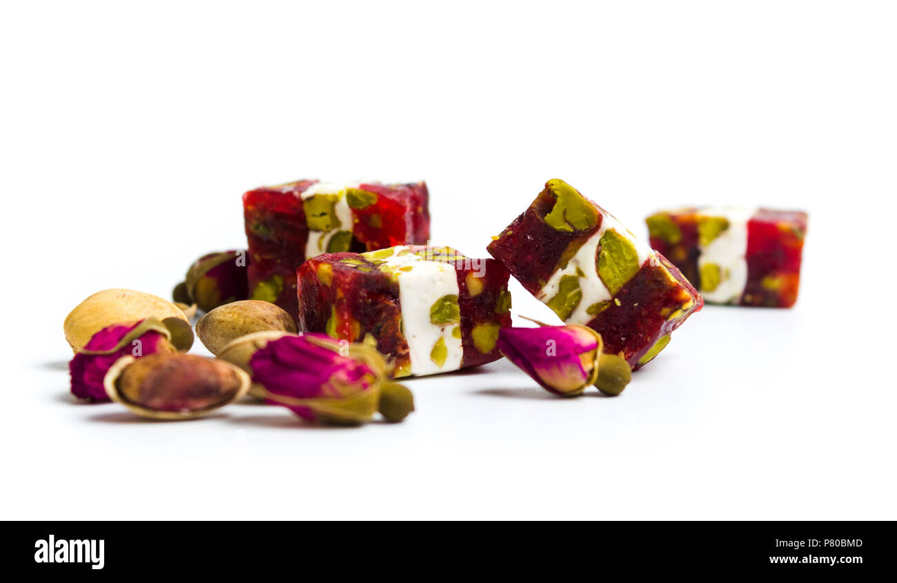 Arabic sweets with pistachios and rose flower Stock Photo