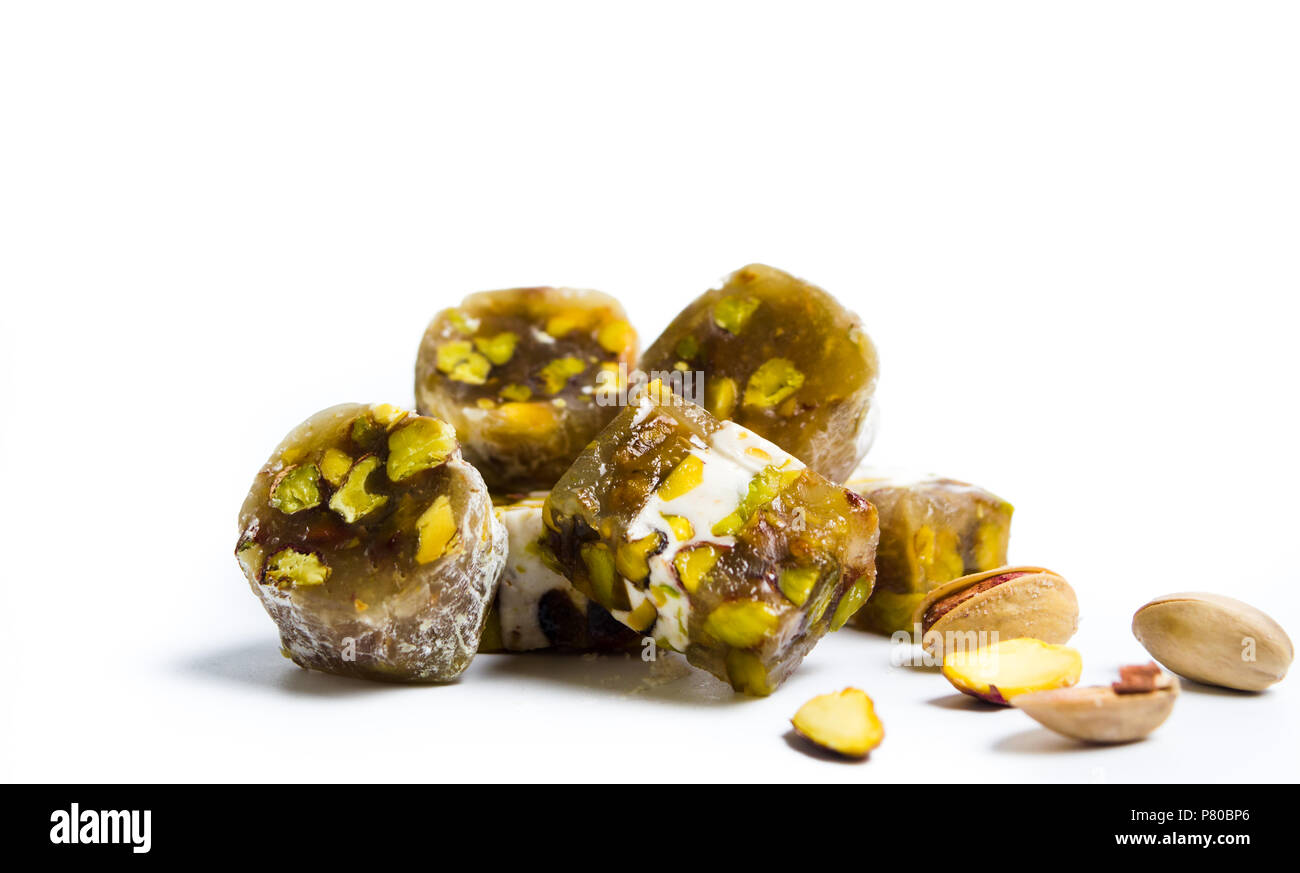 Turkish delights with pistachio isolated on white Stock Photo