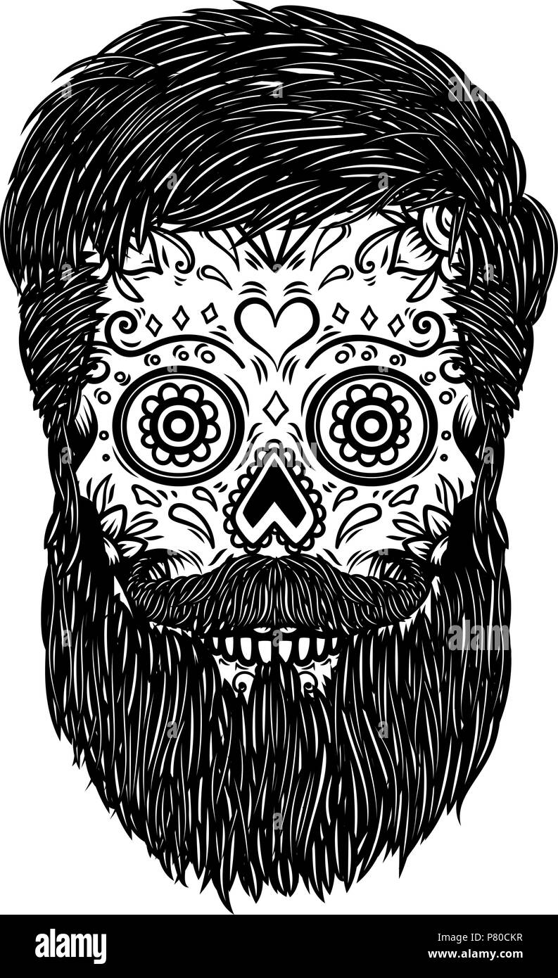 Bearded sugar skull. Design element for poster, card, print, emblem, sign. Vector image Stock Vector
