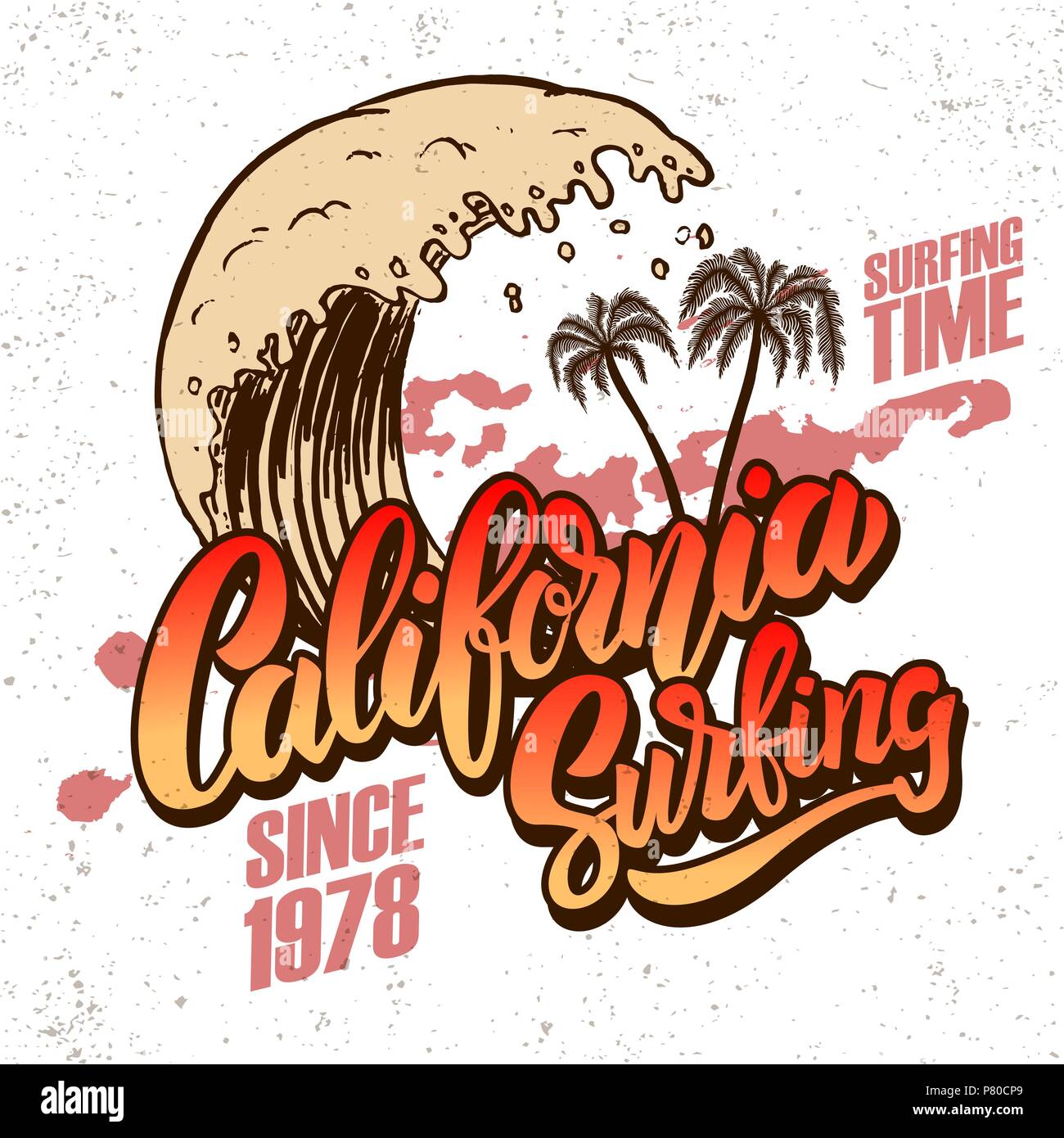 California surf rider. Poster template with lettering and palms. Vector ...