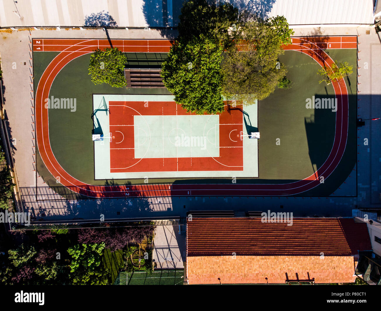 Aerial Drone View Of Basketball Court In Garden With Trees Sports Field In The City Stock Photo Alamy